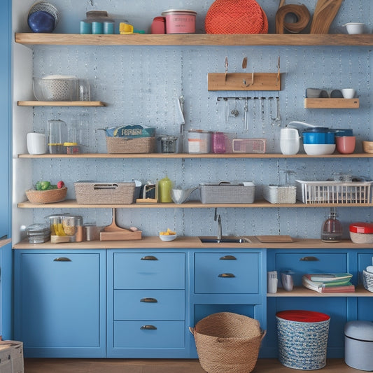 A tidy kitchen with a mix of open shelving, closed cabinets, and a pegboard, featuring a variety of colorful storage bins, baskets, and hooks, with a few cookbooks and utensils artfully arranged.