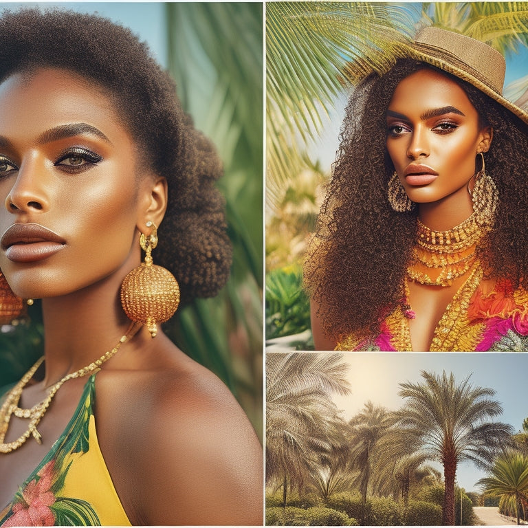 A vibrant, sun-kissed background with palm trees, a catwalk, and a diverse group of confident models showcasing trendy outfits, statement accessories, and bold hairstyles in a festive, tropical atmosphere.