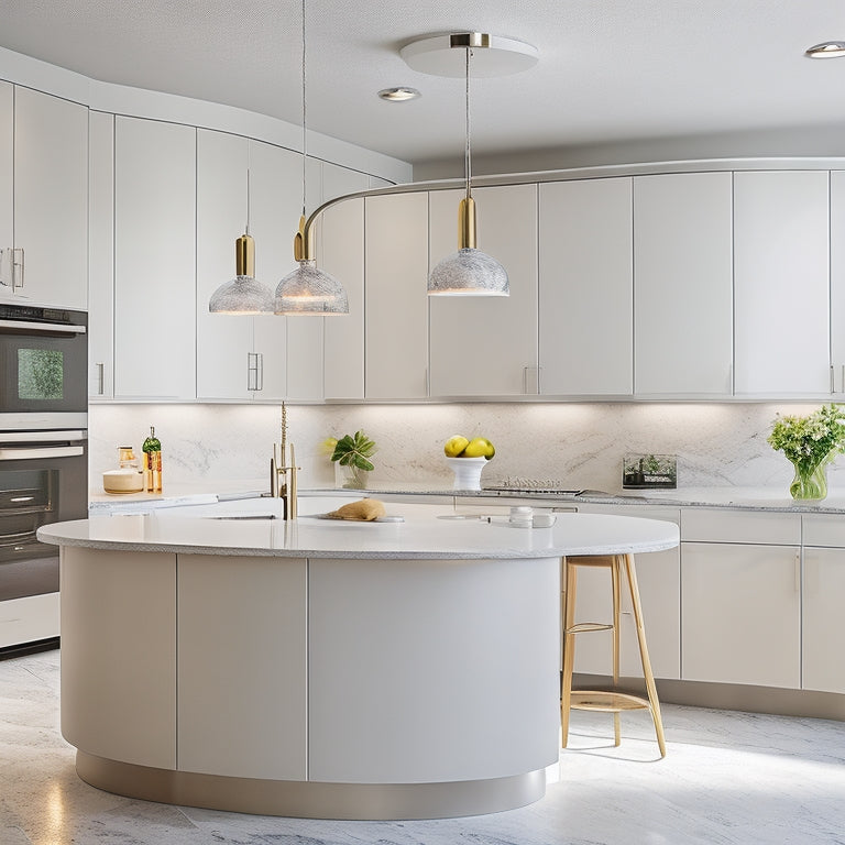 A bright, modern kitchen with a large, curved island featuring a built-in sink, cooktop, and ample counter space, surrounded by sleek, high-gloss cabinets and a statement light fixture.