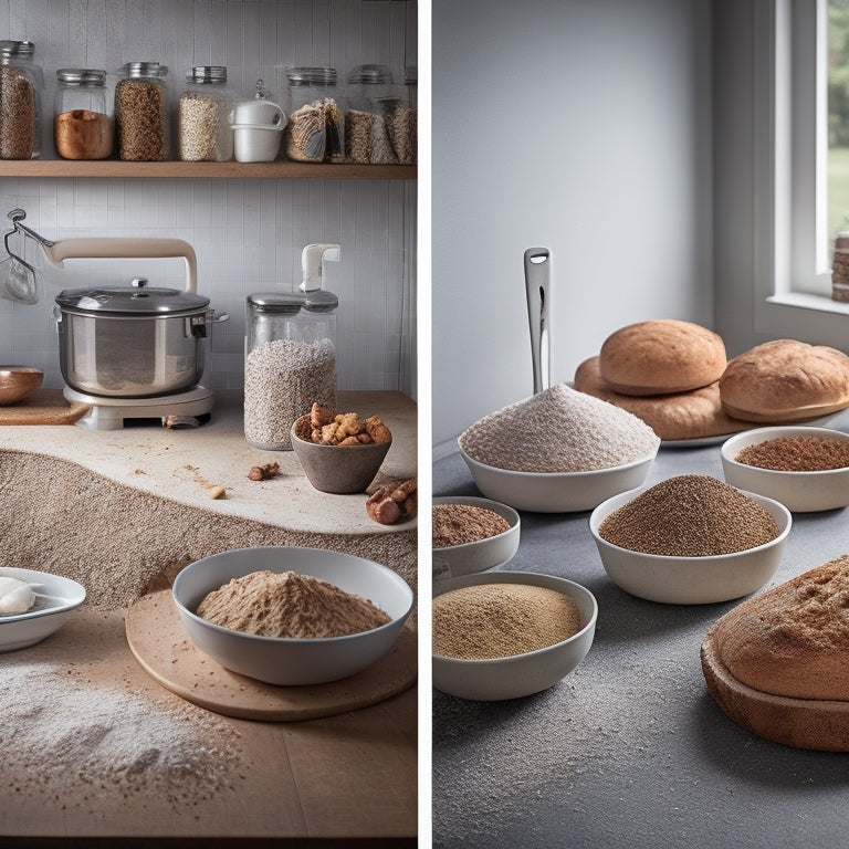 A split-screen image featuring a cluttered kitchen countertop with gluten-containing flours and crumbs scattered about, contrasted with a tidy, organized gluten-free baking station with separate utensils and ingredients.