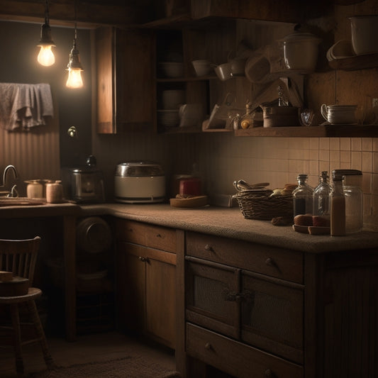 A dimly lit kitchen corner with a worn, cream-colored countertop, cluttered with dusty jars, tangled cords, and a forgotten toaster, surrounded by worn wooden cabinets.