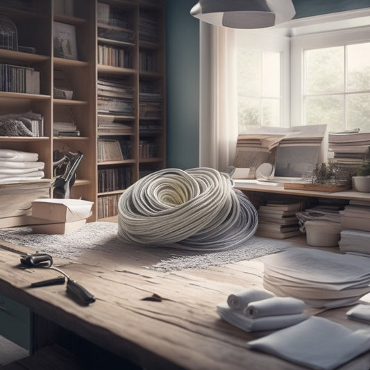 A mesmerizing vortex of swirling papers, scattered objects, and tangled cords transforms into a serene, organized space with sleek shelves, labeled files, and neatly wound cables, bathed in soft, calming light.