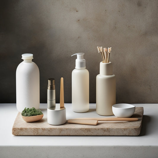 A serene, minimalist scene featuring a selection of sleek, eco-friendly products - a reusable water bottle, a bamboo toothbrush, and a set of refillable skincare containers - arranged artfully on a natural stone surface.