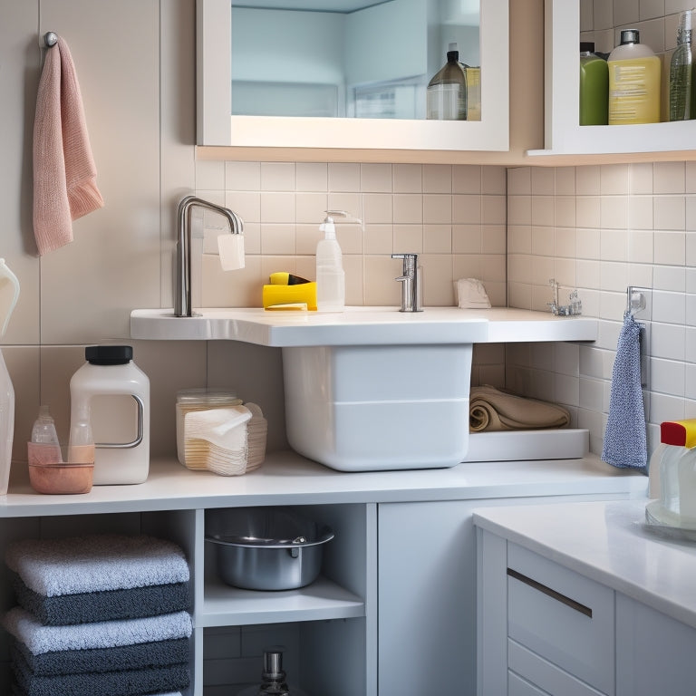 A tidy under-sink area with a slide-out drawer, a pedestal sink organizer, and a hanging shelf holding cleaning supplies, set against a light gray background with warm, soft lighting.