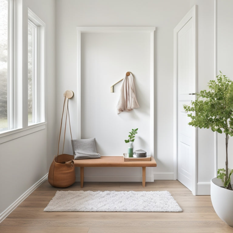 A serene, minimalist entryway featuring a sleek, modern hall tree with a built-in bench, mirror, and hooks, set against a crisp white wall with warm, honey-toned wood flooring.