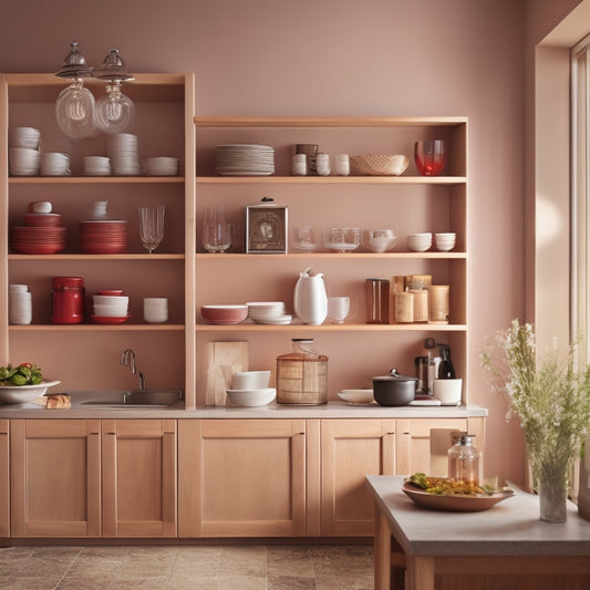 A warm-lit, modern kitchen with a cherry wood storage cabinet against a cream-colored wall, its doors slightly ajar, revealing stacked dinner plates, bowls, and glasses on adjustable shelves.