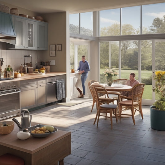 An open-plan kitchen with a U-shaped counter, wide walkways, and a sink centered under a large window, featuring a wheelchair-accessible island with rounded edges and ample clearance.