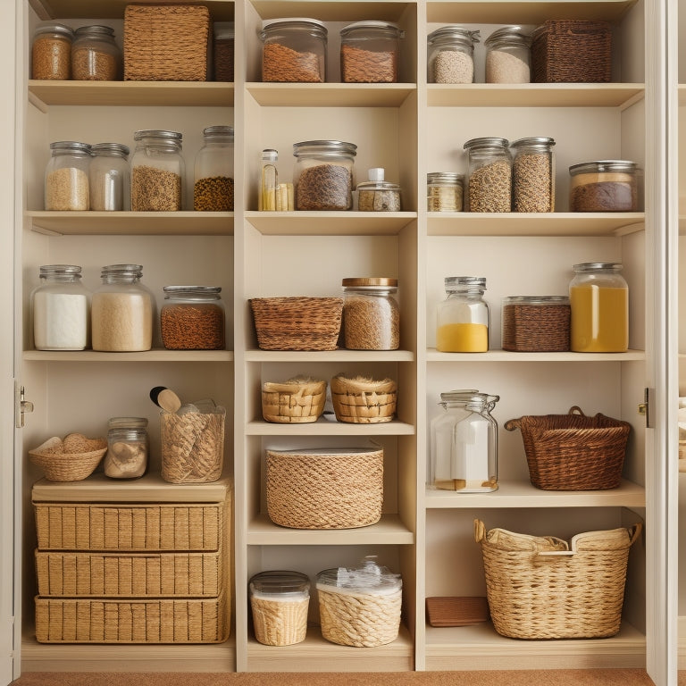 A tidy kitchen pantry with adjustable shelves, wicker baskets, and clear glass jars storing dry goods, spices, and oils, surrounded by a warm, creamy-colored wall and natural wood accents.