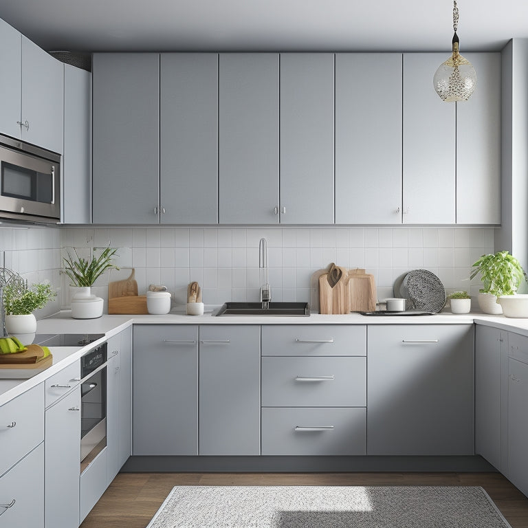 A serene, minimalist kitchen with sleek, handle-less cabinets, a compact island with built-in utensil organizers, and a wall-mounted pot rack above a stainless steel sink.