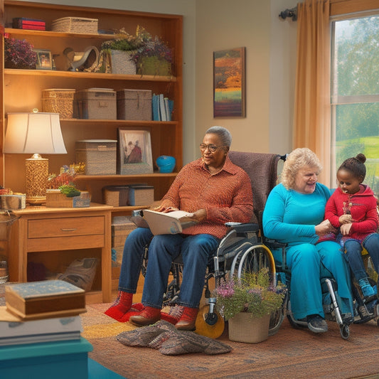 A warm and inviting illustration of a diverse family with disabilities, surrounded by various resources and tools, such as wheelchairs, tablets, and braille books, in a cozy and organized home setting.