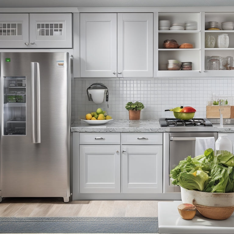 A clean and organized kitchen with a stainless steel countertop, a thermometer on the wall, and a labeled "Use By" calendar on the fridge, surrounded by fresh produce and spotless appliances.