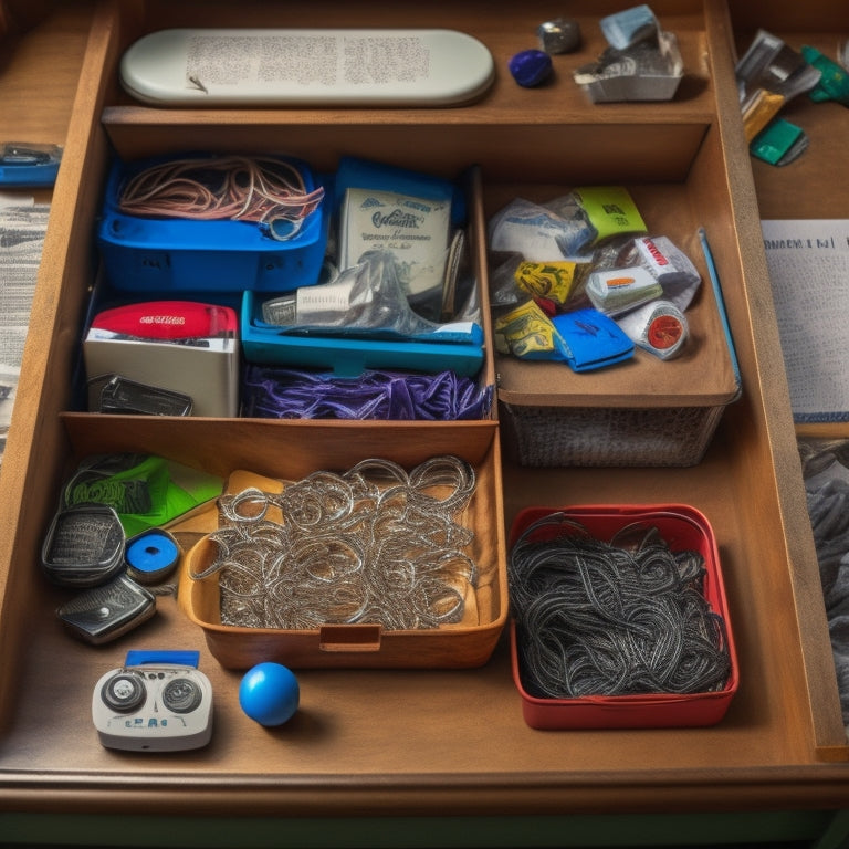 A cluttered junk drawer with tangled cords, scattered batteries, and crumpled up papers, alongside a refinished drawer with neatly organized dividers, labeled bins, and a place for everything.