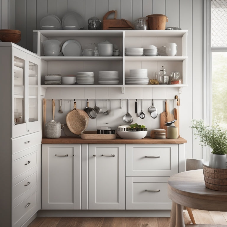 A tidy kitchen corner with a sleek, pull-out carousel featuring three tiers of wooden shelves, surrounded by sleek, white cabinetry and adorned with a few decorative kitchen utensils.