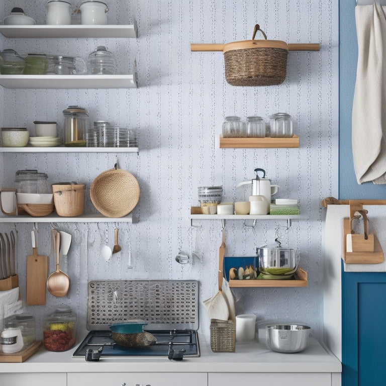 A bright, organized small kitchen with a wall-mounted pot rack, a utensil organizer on the counter, and a pegboard on the back of a door, with a few strategically placed baskets.