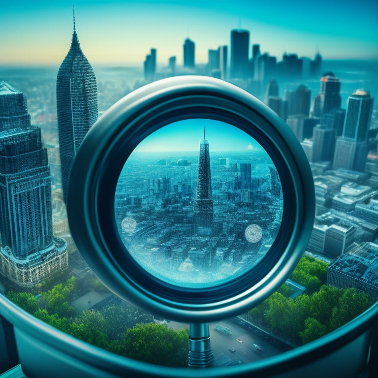 A stylized illustration of a magnifying glass hovering over a cityscape, with tiny icons of medical symbols, people, and buildings, surrounded by radiating lines and subtle grid patterns, in shades of blue and green.