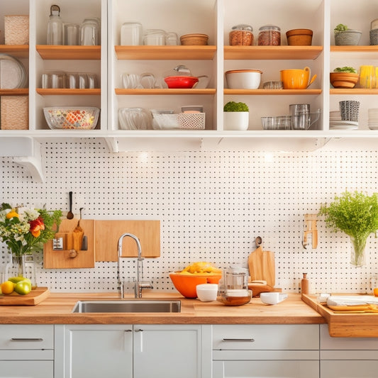 A bright, modern kitchen with sleek white cabinets, warm wooden countertops, and stainless steel appliances, featuring a pegboard with hanging utensils, a pull-out spice rack, and a tiered drawer organizer.