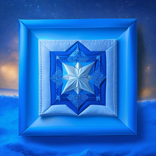 A stylized illustration of a quilt block with star-shaped pieces in shades of blue, gray, and white, set against a dark blue background with subtle starry night sky pattern.