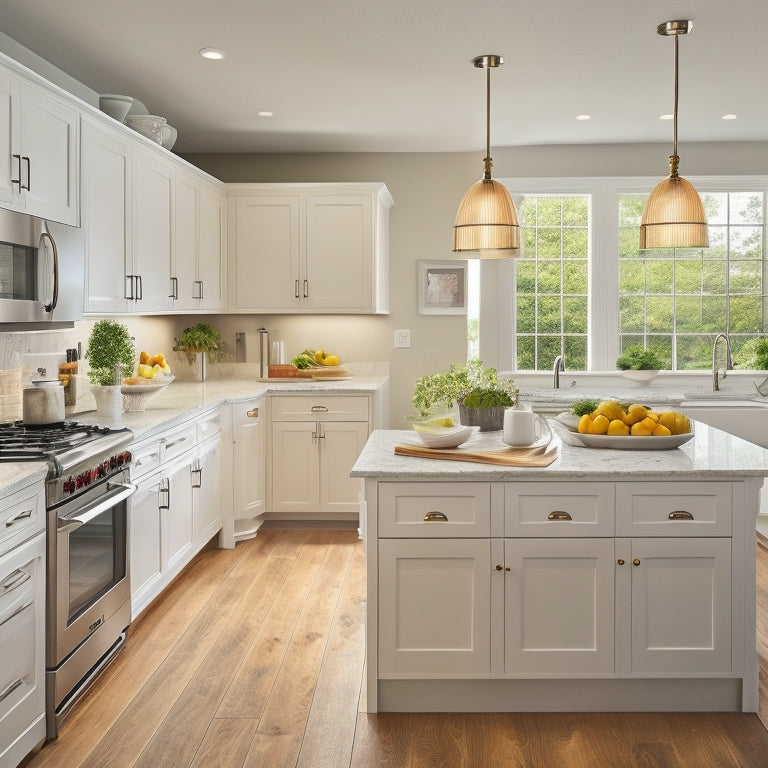 A modern kitchen with creamy white cabinets, stainless steel appliances, and warm hardwood floors, featuring an L-shaped layout with a large island and a window above the sink.