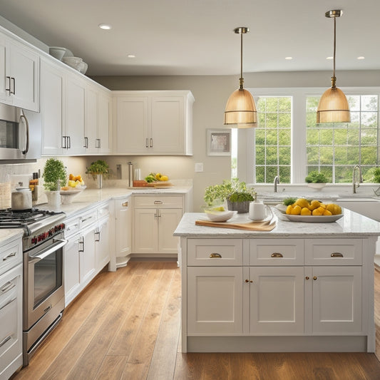 A modern kitchen with creamy white cabinets, stainless steel appliances, and warm hardwood floors, featuring an L-shaped layout with a large island and a window above the sink.