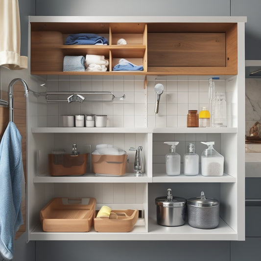 A clutter-free under-sink area with a custom-built organizer featuring slide-out drawers, a removable tray, and a pegboard for hanging cleaning supplies, set against a light gray background with warm wood tones.