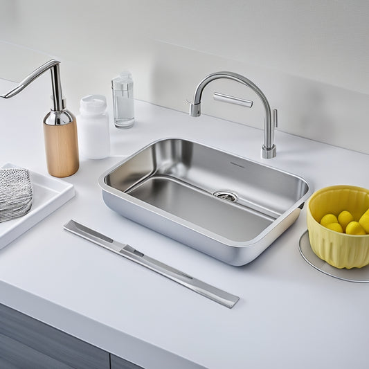 A sleek, modern kitchen sink with a stainless steel organizer system, featuring a built-in soap dispenser, a utensil holder, and a sponge tray, set against a clean, white background.