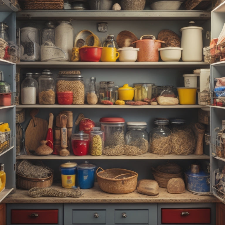 A cluttered kitchen cabinet with jumbled utensils, tangled cords, and stacked containers, with a few fallen items on the shelf and a half-opened cabinet door revealing a chaotic interior.