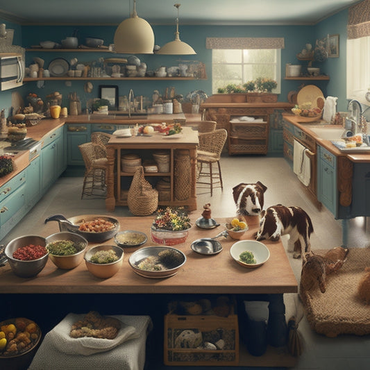 A cluttered kitchen with a large family gathered around the island, pots and pans overflowing from countertops, utensils scattered on the floor, and a few stray toys mixed in, contrasted with a sleek, organized kitchen in the background.