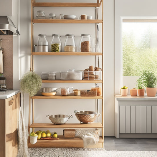 A bright, modern kitchen with a utensil organizer on the wall, a tiered spice rack, and a cart with labeled baskets, surrounded by natural light and a subtle wooden texture.