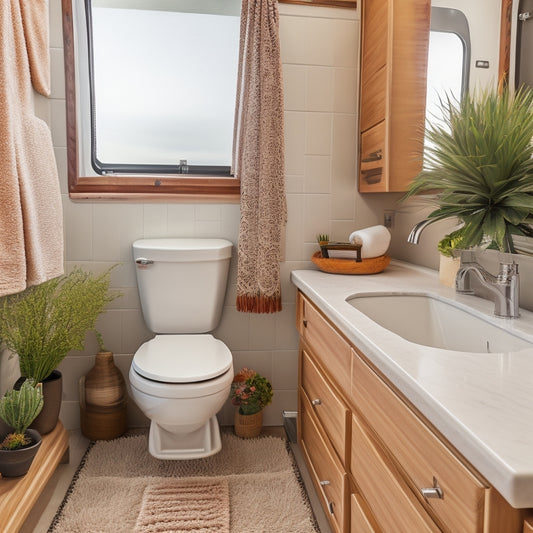 A serene RV bathroom interior with a compact pedestal sink, toilet, and shower, featuring a plush bath mat, soft towels, and a small potted plant on a wooden shelf above the sink.