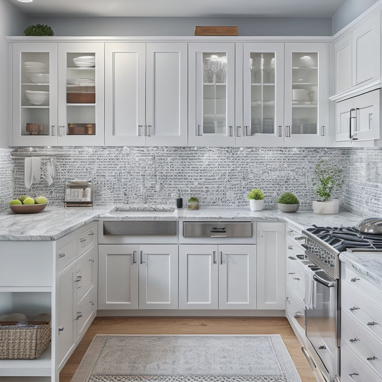 An organized kitchen with white cabinets, marble countertops, and stainless steel appliances, featuring a mix of lid storage solutions: built-in drawers, hanging racks, and a pegboard with hooks.