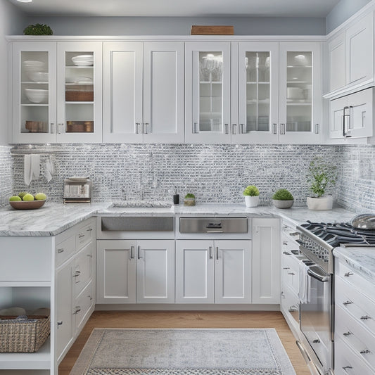 An organized kitchen with white cabinets, marble countertops, and stainless steel appliances, featuring a mix of lid storage solutions: built-in drawers, hanging racks, and a pegboard with hooks.