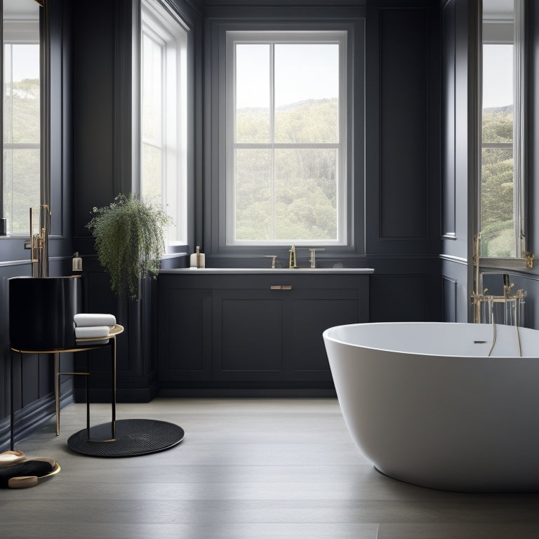 A luxurious bathroom featuring a sleek, matte-black Levantar countertop with a rounded edge, paired with a freestanding tub and elegant, curved faucet amidst a calming, monochromatic backdrop.