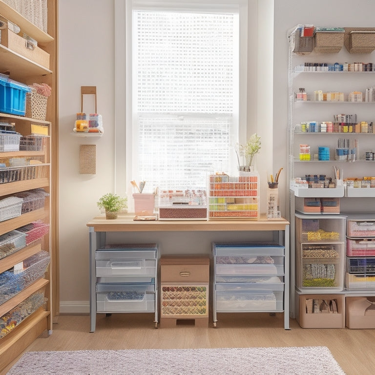 A tidy, well-lit craft room with a wooden desk, surrounded by organized bead storage solutions: stacked clear plastic drawers, rotating bead towers, and a pegboard with labeled bins.