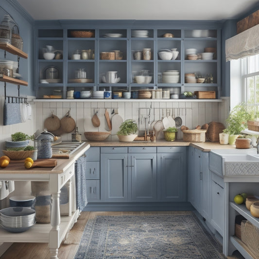 A cluttered kitchen with stacks of dirty dishes, utensils scattered on countertops, and a jumbled pantry, alongside a contrasting clean and organized kitchen with custom storage cabinets, drawers, and a tidy island.