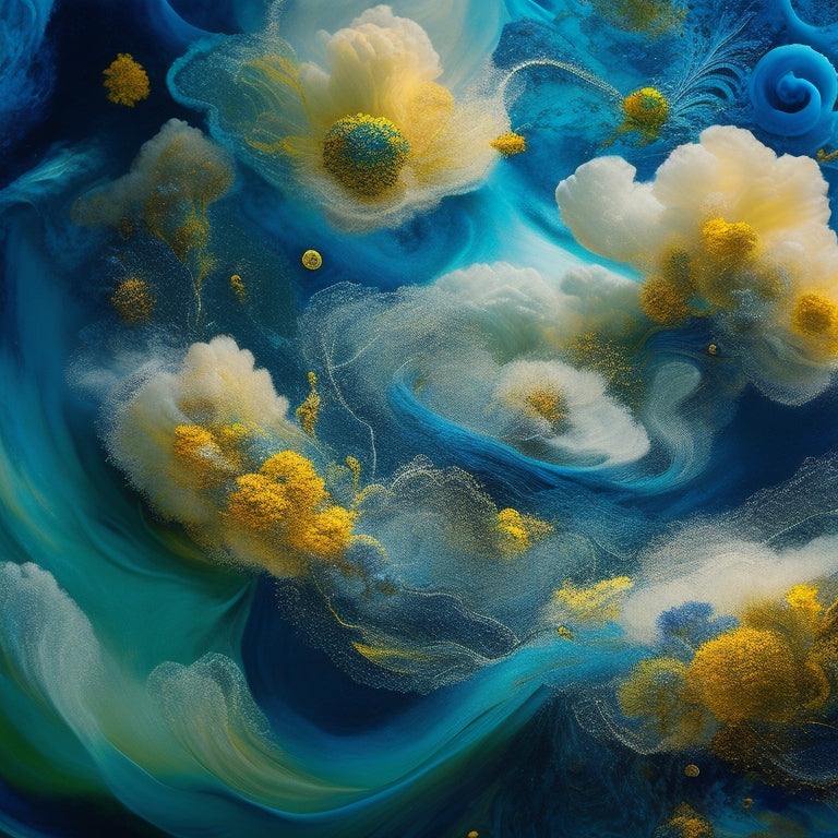 A mesmerizing, abstract composition featuring vibrant, swirling clouds of blue, green, and yellow acrylic paint, suspended in mid-air, surrounded by delicate, feathery tendrils and intricate, lace-like patterns.