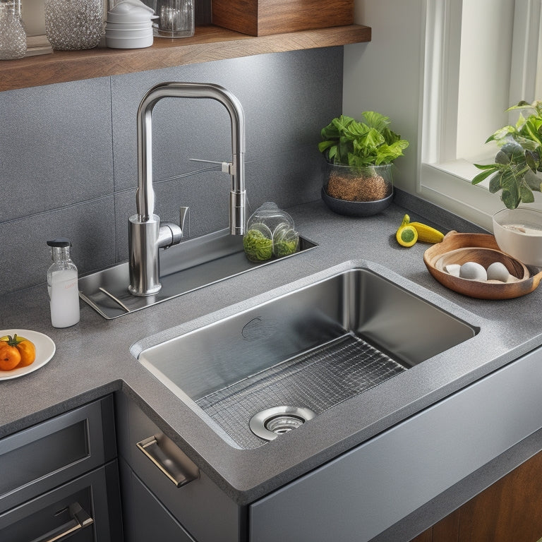 A modern kitchen sink area with a sleek, stainless steel sink and faucet, surrounded by a customized digital kitchen sink organizer system featuring adjustable dividers, a built-in soap dispenser, and a tablet holder.