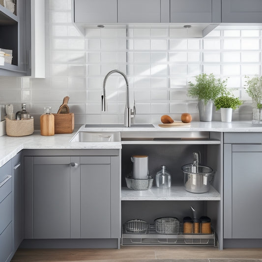 A modern, sleek kitchen corner with a stainless steel sink, surrounded by a custom organizer system featuring adjustable shelves, baskets, and a utensil holder, with ample negative space to convey clutter-free serenity.