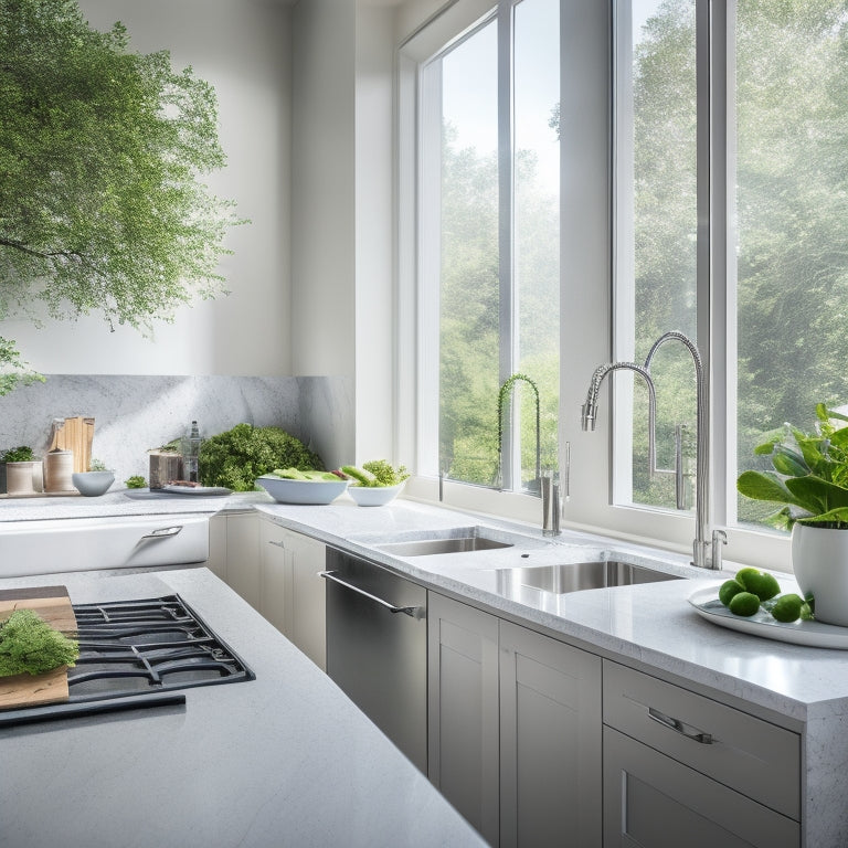 A modern, sleek kitchen with a Ruvati sink as the centerpiece, surrounded by polished quartz countertops, stainless steel appliances, and a large window with a blurred greenery background.