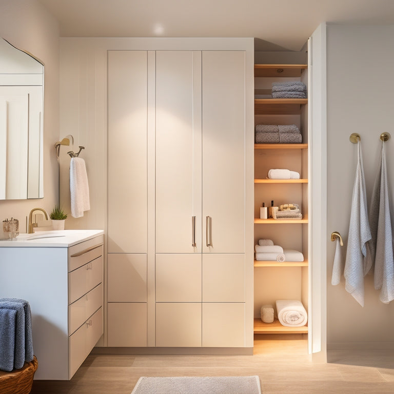 A serene, well-lit bathroom with a wall-mounted cabinet, sleek countertops, and a minimalist shower area, alongside a tidy closet featuring a custom shelving system and neatly folded clothes.