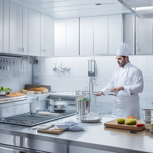 A sterile, white kitchen background with a chef in a white coat and hat, standing in front of a stainless steel counter, surrounded by various food safety tools and certifications.