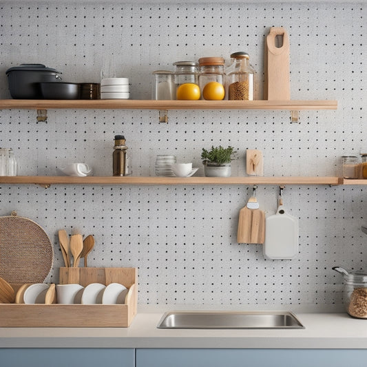 A bright, modern kitchen with a utensil organizer on the counter, a pegboard on the wall, and a tiered spice rack on a cabinet door, surrounded by minimal clutter and plenty of negative space.