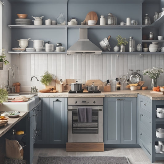 A cluttered small kitchen with pots and utensils overflowing from countertops, contrasted with a sleek, organized kitchen featuring pull-out shelves, wall-mounted racks, and a compact island with built-in storage.