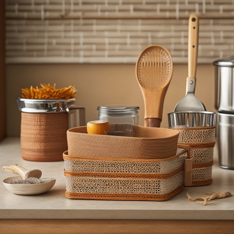 A clutter-free kitchen countertop with a stainless steel utensil organizer, a tiered wooden spice rack, and a small woven basket containing a few select kitchen tools, set against a warm beige background.