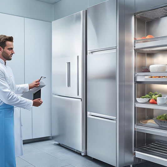 A clean, modern kitchen with a commercial-grade refrigerator, stainless steel countertops, and a large, wall-mounted thermometer, featuring a confident chef in a white coat, holding a clipboard and gazing upward.