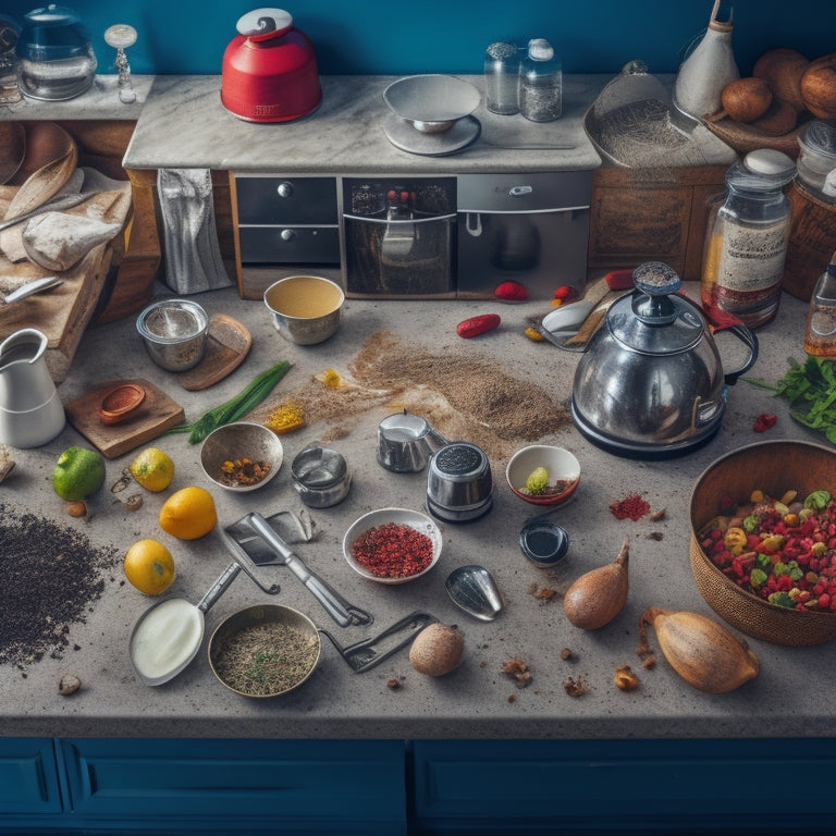 A cluttered kitchen counter with various cooking utensils, appliances, and ingredients overlapping and spilling over the edges, with a few items falling onto the floor.