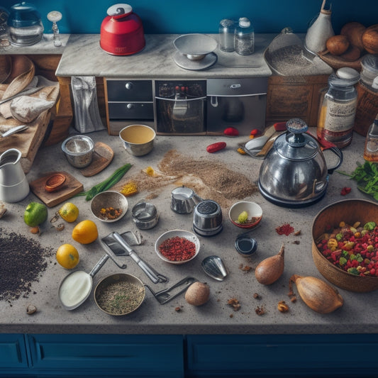 A cluttered kitchen counter with various cooking utensils, appliances, and ingredients overlapping and spilling over the edges, with a few items falling onto the floor.