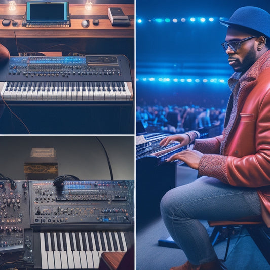 A split-screen image featuring a person sitting at a desk with a Technics keyboard, surrounded by notes and cables, with a frustrated expression, juxtaposed with a satisfied musician playing the same keyboard on a stage.