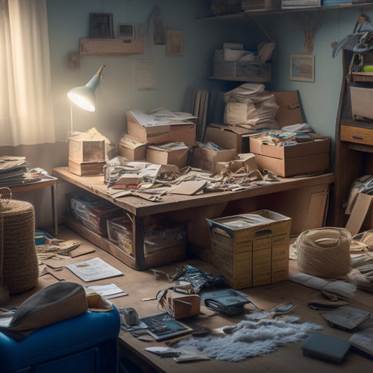 A cluttered room with a wasted corner space filled with dusty boxes, tangled cords, and forgotten items, surrounded by a faint outline of a productive workspace, with a subtle glow of potential.