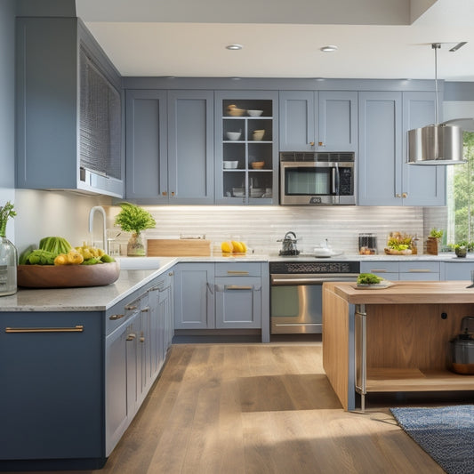 A modern kitchen with sleek, handle-less cabinets, pull-out pantry drawers, and a built-in knife block, featuring a large island with a hidden trash can and a stainless steel faucet.