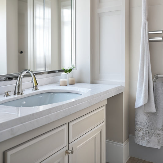 A close-up of a bathroom sink with a vacant space where a Symmons tub and shower trim should be, surrounded by sleek, modern fixtures and a warm, neutral-colored tile background.